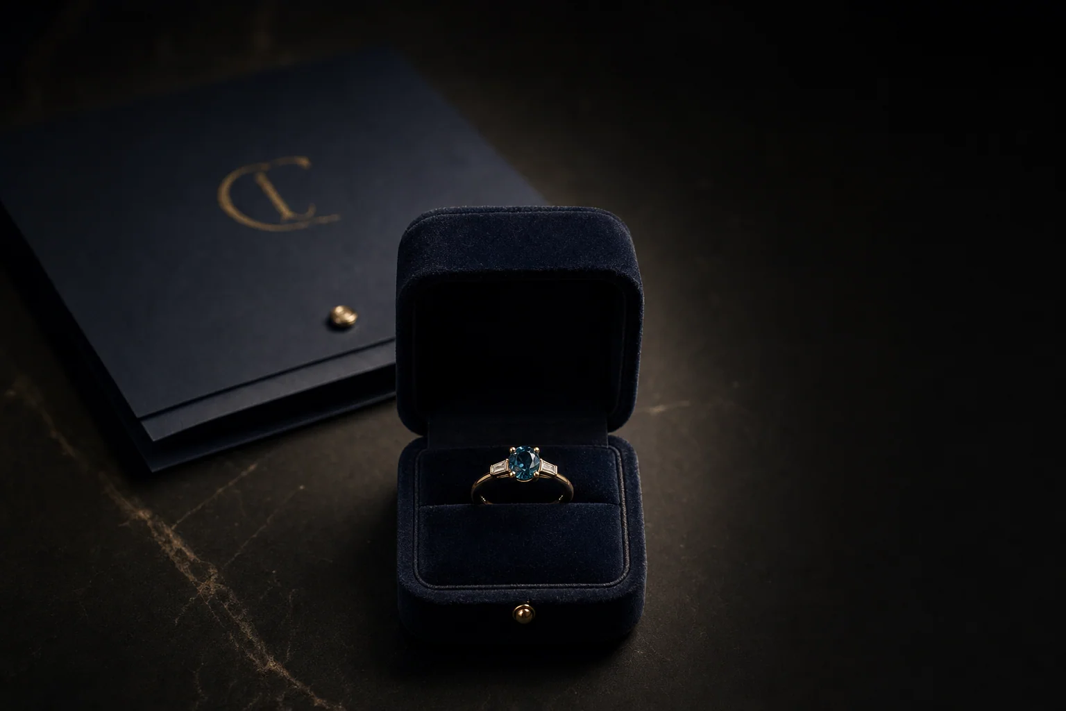 Open dark navy velvet ring box with ring